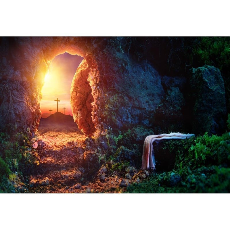 Leowefowa 9x6ft Resurrection of Jesus Backdrop Easter Sunrise Holy Light Empty Tomb Remote Peak Three Crosses Background for Photo Bible Story Church Mural Sanctuary Decor Christianity Wallpeper - Image 1